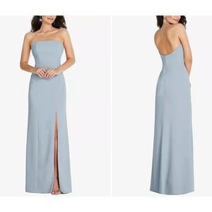 NWT Thread Crepe Strapless Scoop Neck Back Slit Maxi Dress Mist Blue Size Small